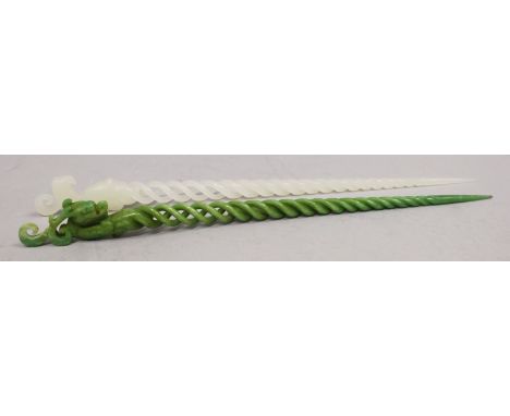 TWO SIMILAR CHINESE JADE-LIKE HAIR ORNAMENTS, each with a triple twist stem, one of white hue, the other green, one with a dr