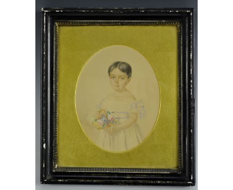English School (19th century)Portrait of a Young Girl, Holding a basket of Flowerswatercolour, oval, 16cm x 12.5cmInscribed t
