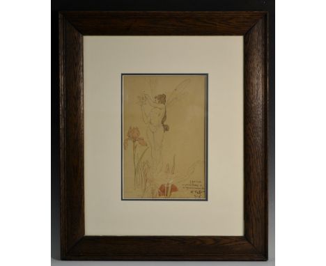 E Rocher (French late 19th century)An Art Nouveau Illustration, of a Nymphsigned, dated '97, pen and ink, 30cm x 20cm, framed