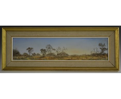 N Van De Walt (South African 20th century)Sunrise at Satara Game Reservesigned, dated 75, oil on hardboard, 14cm x 59.5cm