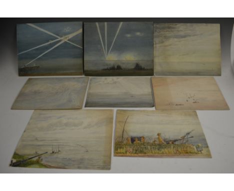 R W Parfita folio of eight World War II scenes, Spitfires in Formation, a Gun Battery, Convoyssigned, inscribed and dated c.1