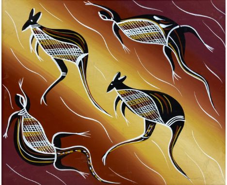 A contemporary figural Australian Aboriginal School oil on canvas depicting kangaroos and lizards by Denis B. Fisher in a tul