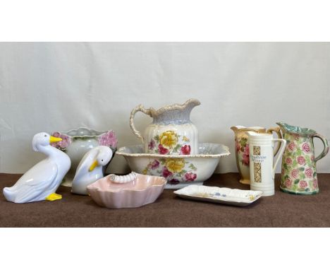 A mixed collection of ceramics to include two figural porcelain ducks, a Victorian jug and wash basin and other miscellaneous