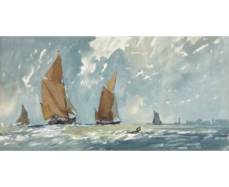 Edward Wesson (1910-1983), a pen, ink and watercolour painting depicting Thames barges racing on the estuary, signed to the l