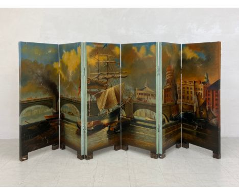 A C.1900 folding screen comprised of six stretched canvas panels hand painted with scenes of  a bustling industrial London ci