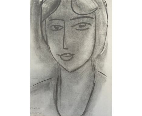 A framed and glazed print after the original 1952 charcoal drawing titled 'Paula' by Henri Matisse, signed in plate. H.54.5 W