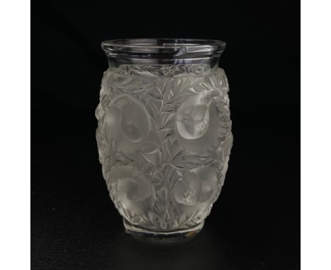 A 20th century clear and frosted Bagatelle glass vase decorated in relief with birds in foliate borders by Lalique France wit