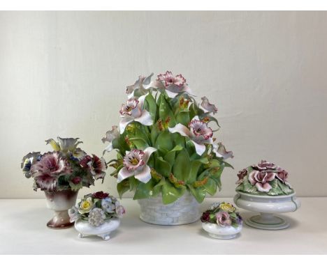 A collection of vintage Italian style porcelain to include a very large and heavy woven basket of flowers along with four oth