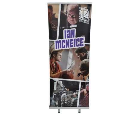 Ian McNeice - Doctor Who, Ace Ventura When Nature Calls, Doc Martin etc - autographed Monopoly Events banner from the ' Liver