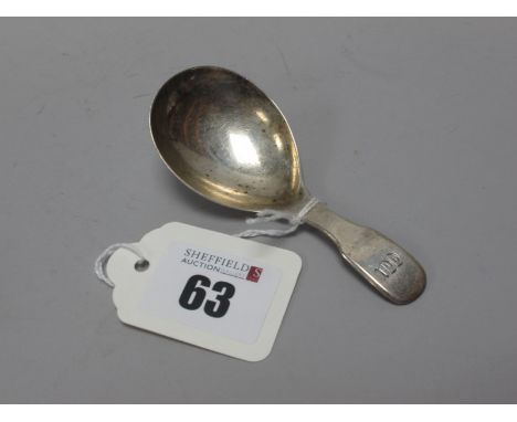 A Georgian Hallmarked Silver Fiddle Pattern Caddy Spoon, W.E(?), London 1826, initialled.  