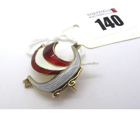 Aksel Holmsen; A Norwegian Enamel Viking Ship Brooch, highlighted in red and white, stamped "Norway Sterling 925S" Lot 140 - 
