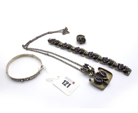 A Stylish Brutalist Abstract Pendant, with collet set cabochon highlights, stamped "835" (and indistinct makers mark); on a b