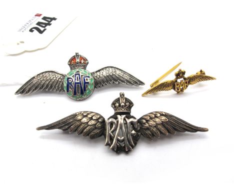 RAF; A 9ct Gold Wings Brooch, 3.3cm long; Together with A Large Example, highlighted in enamel and stamped "Silver"; and anot