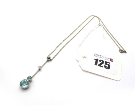 A Vintage Blue Zircon and Diamond Set Drop Necklace, graduated circular collet set, on knife edge bar connections, on fine ch