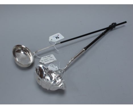 A Decorative Georgian Hallmarked Silver Toddy Ladle, John Pollock(?), London 1740, with shaped twin lipped bowl (repair) and 