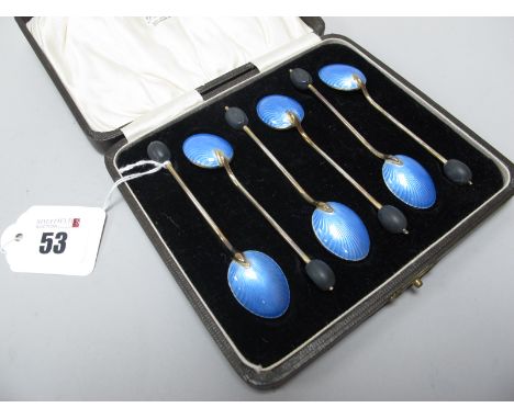 A Decorative Set of Six Hallmarked Silver and Blue Enamel Coffee Spoons, Henry Clifford Davis, Birmingham 1928, in a fitted c