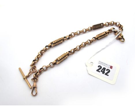 A Fancy Link Albert Chain, stamped "9c", to single swivel style clasp suspending a T-bar (both stamped "A.S 9c") (overall wei