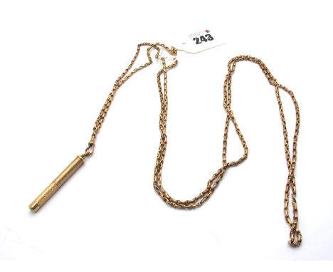 A Guard / Muff Chain, (indistinctly stamped) suspending swivel style clasp and a 9ct gold tooth pick, with engine turned deco