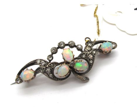 A Victorian Opal and Diamond Set Bar Brooch, claw set with oval cabochon opals and collet set with single cut diamonds. 