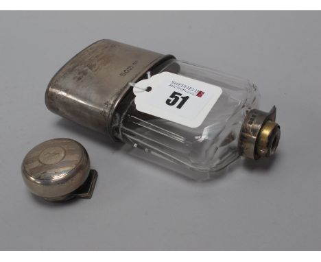 A Hallmarked Silver Mounted Glass Hip Flask, London 1916, (the engine turned hinged lid detached) with removable gilt lined b