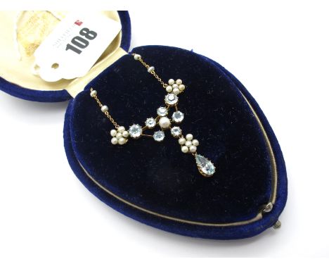 An Edwardian Dainty Seed Pearl Set Necklace, claw set suspending teardrop below, to integral fine chain with pearl detail, co