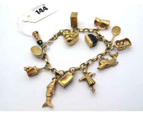 A 9ct Gold Oval Belcher Link Charm Bracelet, suspending assorted novelty charm pendants, including emergency banknote, Mini, 