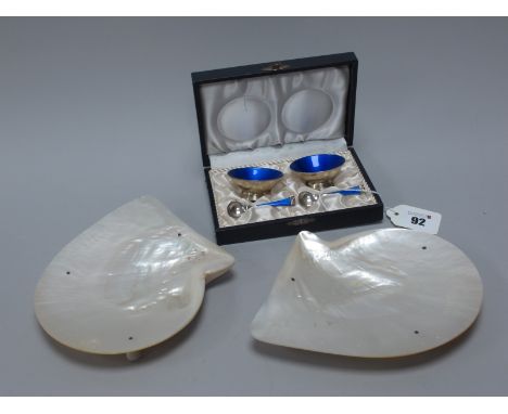 A Pair of ELA Danish Enamel Salts, highlighted in blue, stamped "ELA DENMARK Sterling 925", complete with matching spoons, in