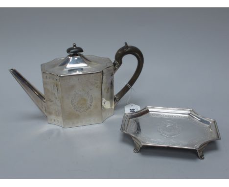 A Matched Georgian Hallmarked Silver Teapot and Stand, Henry Chawner, London 1794, 1795, each of shaped design with bands of 