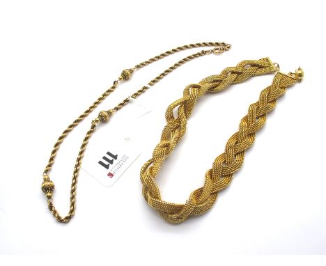 A Fancy Link Ropetwist Chain, stamped "15ct" (link damage) (17.5grams); A Gilt Metal Woven Choker Necklace, (damaged). (2) 