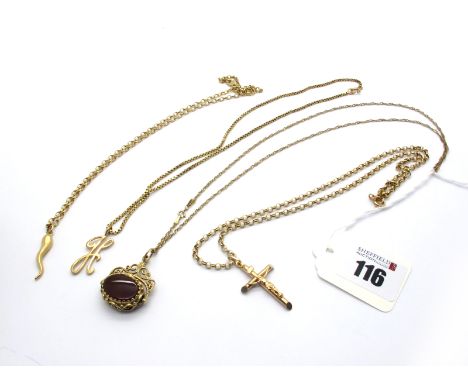 A Hardstone Inset Swivel Fob Pendant, on a fine chain; A 9ct Gold 'H' Initial Pendant, on a box link chain; A Crucifix Pendan