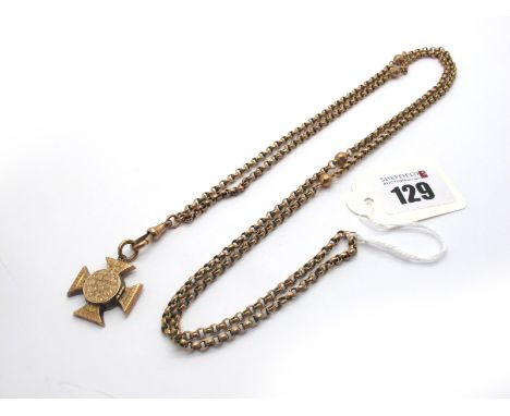 A Long Fancy Link Belcher Chain, suspending swivel style clasp and an Edwardian 9ct gold Maltese Cross style locket pendant, 