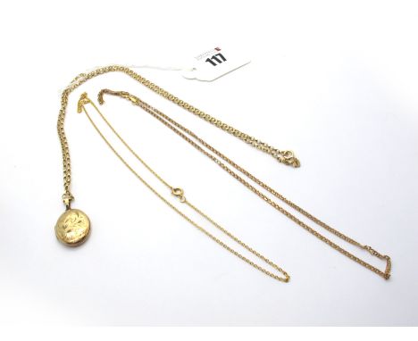 A 9ct Gold Oval Locket Pendant, with engraved decoration, on a 9ct gold oval belcher link chain; A 9ct Gold Fine Fancy Link C