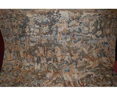 A Continental needlework embroidered tapestry wall hanging, depicting medieval battle scene within a landscape, 125 x 146cm