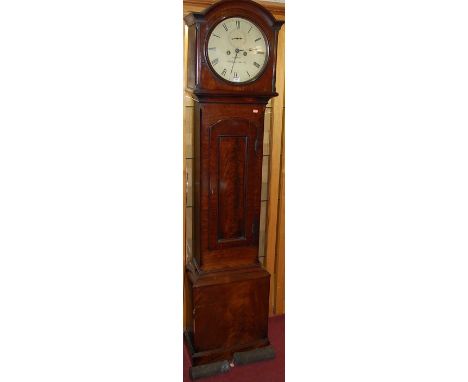 An early 19th century mahogany and flame mahogany long case clock, the circular cream painted dial signed Sharp, Westmorland 
