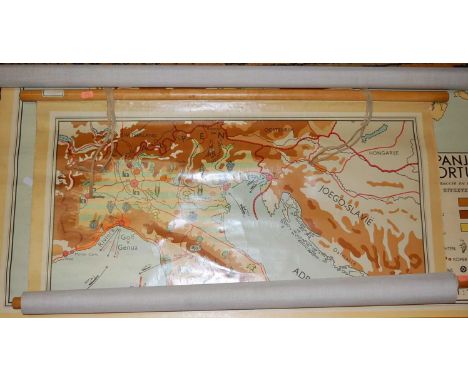 A mid-20th century hanging school map of Spain and Portugal, scale 1:1.4million, linen backed, 80x110cm, together with one ot