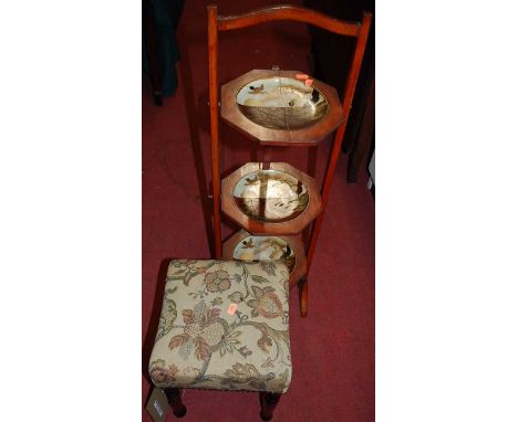 An early 20th century stained beech framed and floral tapestry studded upholstered square foot stool; together with a 1930s J
