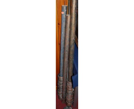 A collection of contemporary curtain poles, with ringed hangers and finial cappingsCondition report: Two poles are 230cm (inc