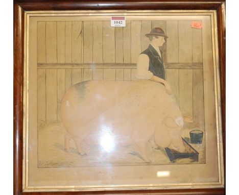 R Phillipoor - Herdsman with prize sow, watercolour, signed and dated 1855 lower left, 33 x 37cmCondition report: Light to me