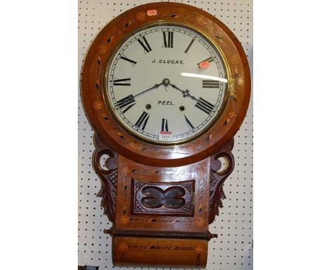 A Victorian figured walnut and inlaid circular drop trunk wall clock, the dial signed J Clucas, Peel