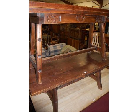 A Spanish stained pine two drawer low coffee table, length 140cm; together with a matching fold-over console table, w.140cm (