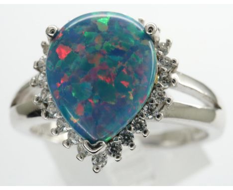 Boxed 925 silver and pear cut opal half halo ring, size S. P&amp;P Group 1 (£14+VAT for the first lot and £1+VAT for subseque