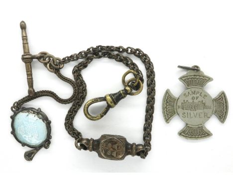 Brass and enamel fob watch chain and a silver fob. P&amp;P Group 1 (£14+VAT for the first lot and £1+VAT for subsequent lots)