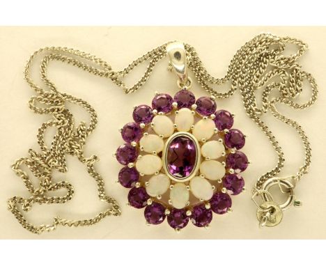 Boxed opal and amethyst pendant necklace on a 925 silver chain, chain L: 46 cm. P&amp;P Group 1 (£14+VAT for the first lot an