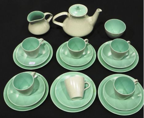 Poole Pottery twenty one piece tea service comprising teapot, milk jug, sugar, six cups, saucers and side plates. Not availab