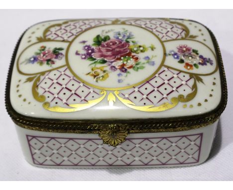Limoges trinket box decorated with hand painted flowers and enamel decoration, L: 11 cm. P&amp;P Group 1 (£14+VAT for the fir