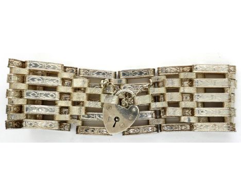 Hallmarked silver five bar gate bracelet with padlock clasp, 52g. P&amp;P Group 1 (£14+VAT for the first lot and £1+VAT for s
