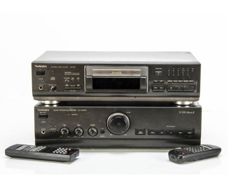 Technics Amplifier / CD Player, Technics Amplifier SU-V500M2 and a Technics CD Player SL-PS7 both black with remotes and an i