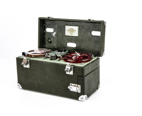 Reel to Reel, a 1952 EMI portable mini reel to reel tape recorder military green, cased with keys, good condition, untested