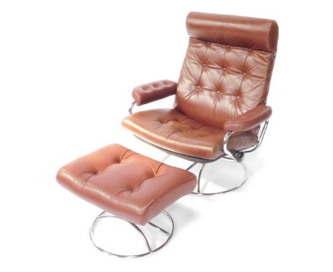 An Ekornes Stressless brown leather and chrome armchair, with button back and adjustable swivel base, and a matching stool. 