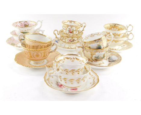 Six early 19thC porcelain trios, variously decorated, comprising Ridgway., Flight &amp; Barr Worcester., Coalport., Yates., H